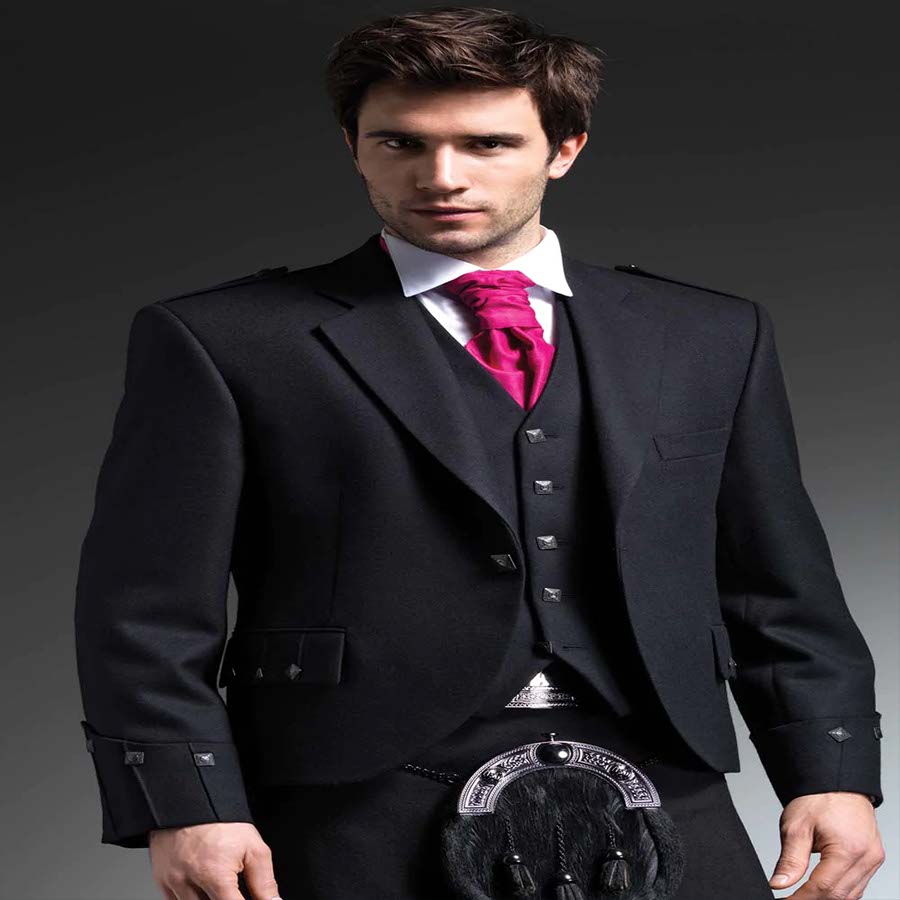 Black Argyll Wool Blend Kilt Jacket & Vest Set – Men's Argyle Jacket With Satin Lining, Unbranded